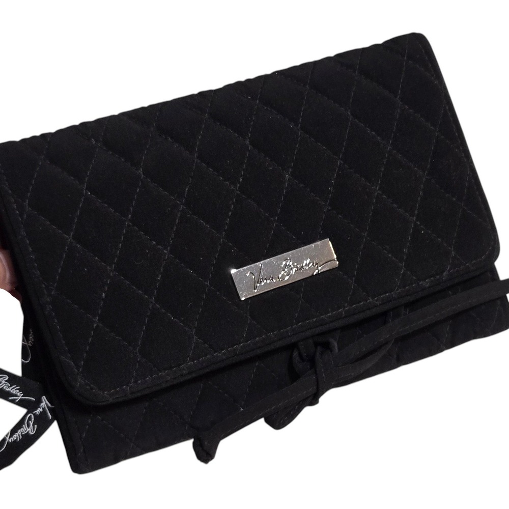Vera Bradley Jewelry Organizer Black Quilted Microfiber Travel Case Tri Fold